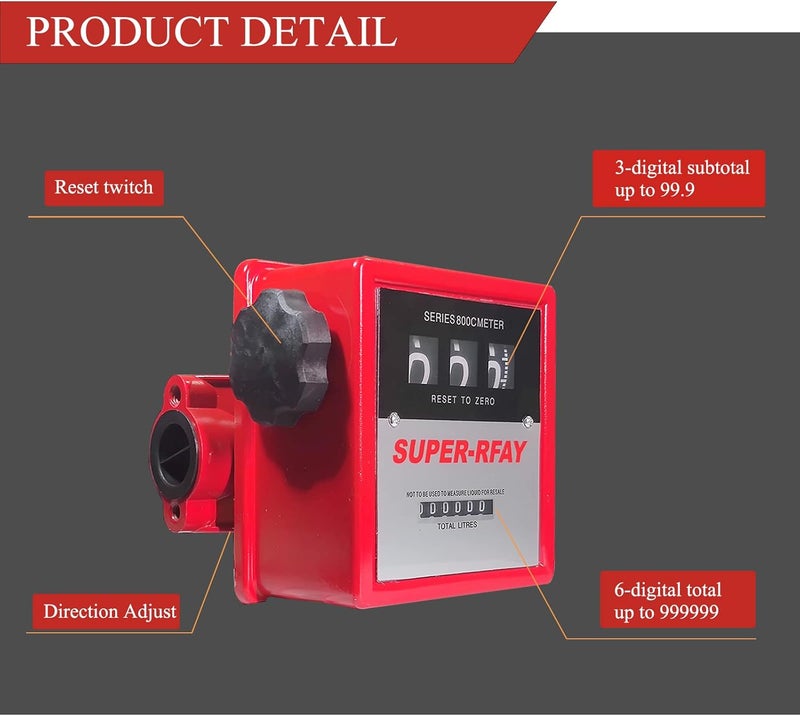 YFIXTOOL 1" Mechanical Fuel Meter 19-75 LPM, 3-Digital Aluminum Diesel Gasoline Flow Liter Meter for Fuel Transfer Pumps - Image 3
